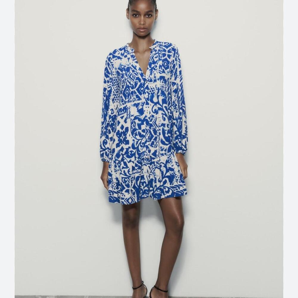 Zara Dress Mosaic Tile Print Floral Pleated Ruffles Boho Blue White Size M